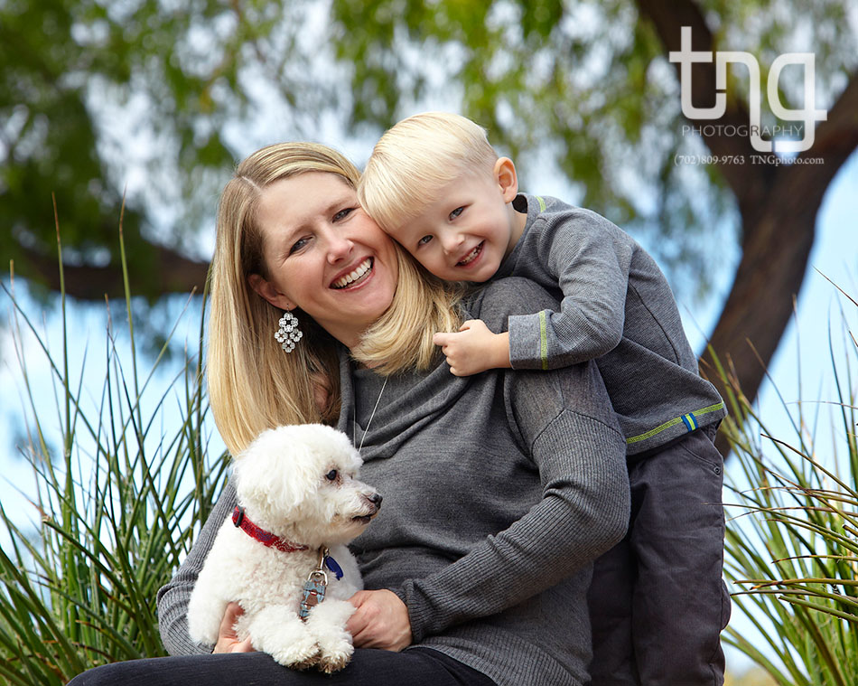 mom and son and dog portrait outside las vegas photography